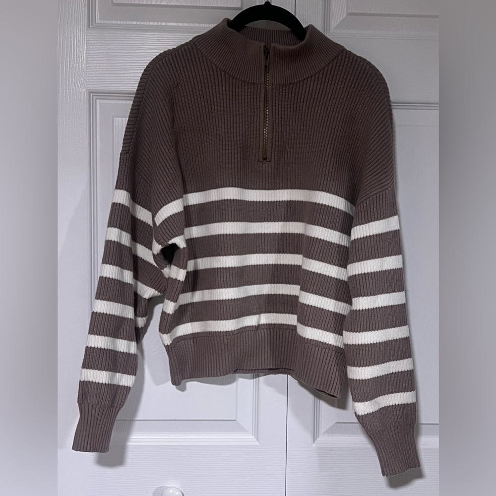Thread & Supply Striped Mock Neck Half-Zip Sweater in Taupe and White